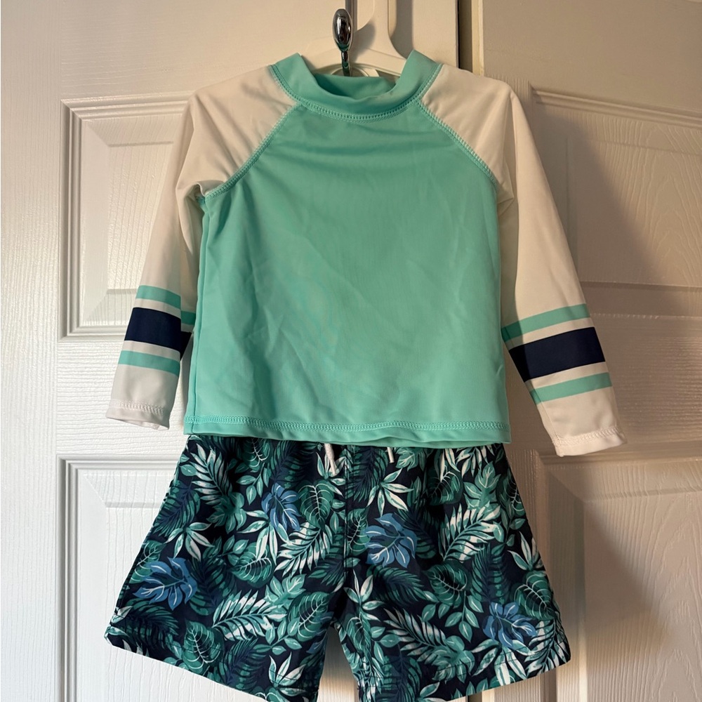 Little LAD Kids Mint & Navy Rash Set - Swim Shirt and Tropical Shorts